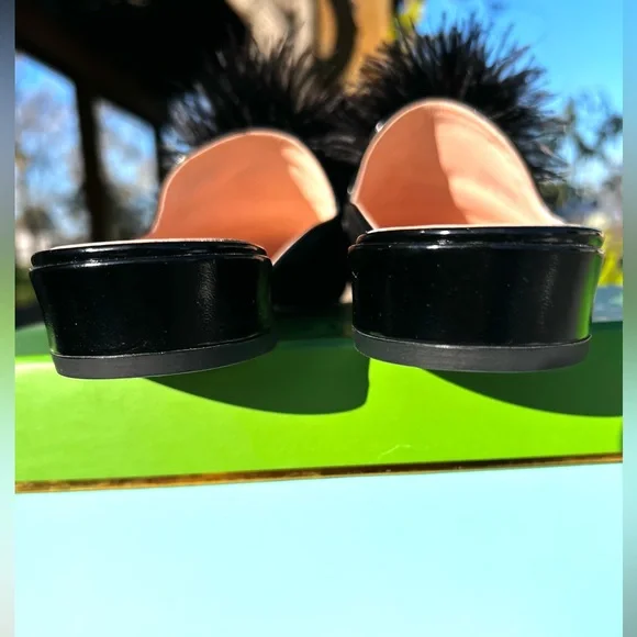 🎉Kate Spade NEW! Gala Slide/Mules in Black Kid Suede & Fun Feather Pom Pom SZ 9 - Picture 5 of 7